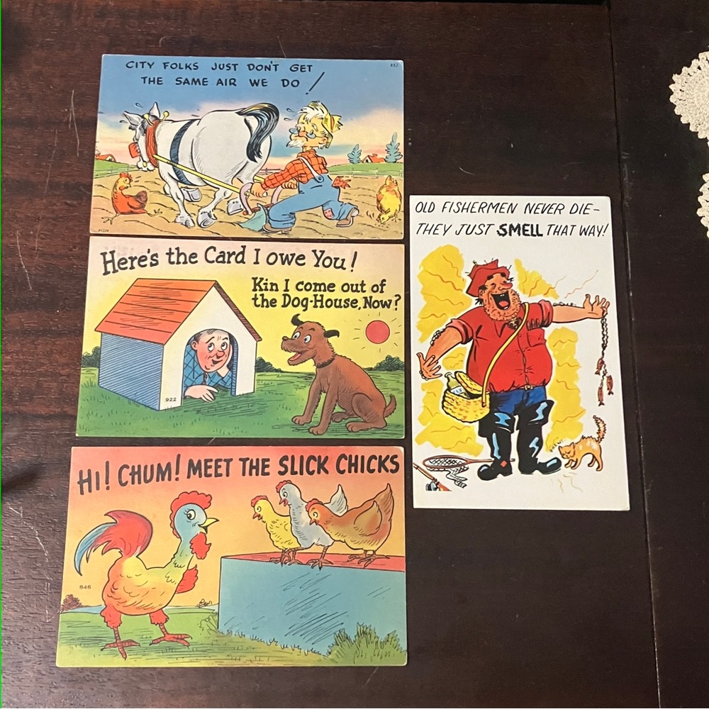 Lot of 4 Vintage Comedic Postcards Slick Chicks Doghouse Fisherman Comedy Farmer